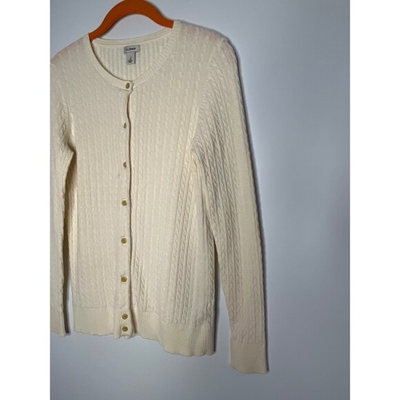 L.L. Bean Cotton Wool Blend Cable Knit Button Front Cardigan Cream Size Small - Picture 2 of 7